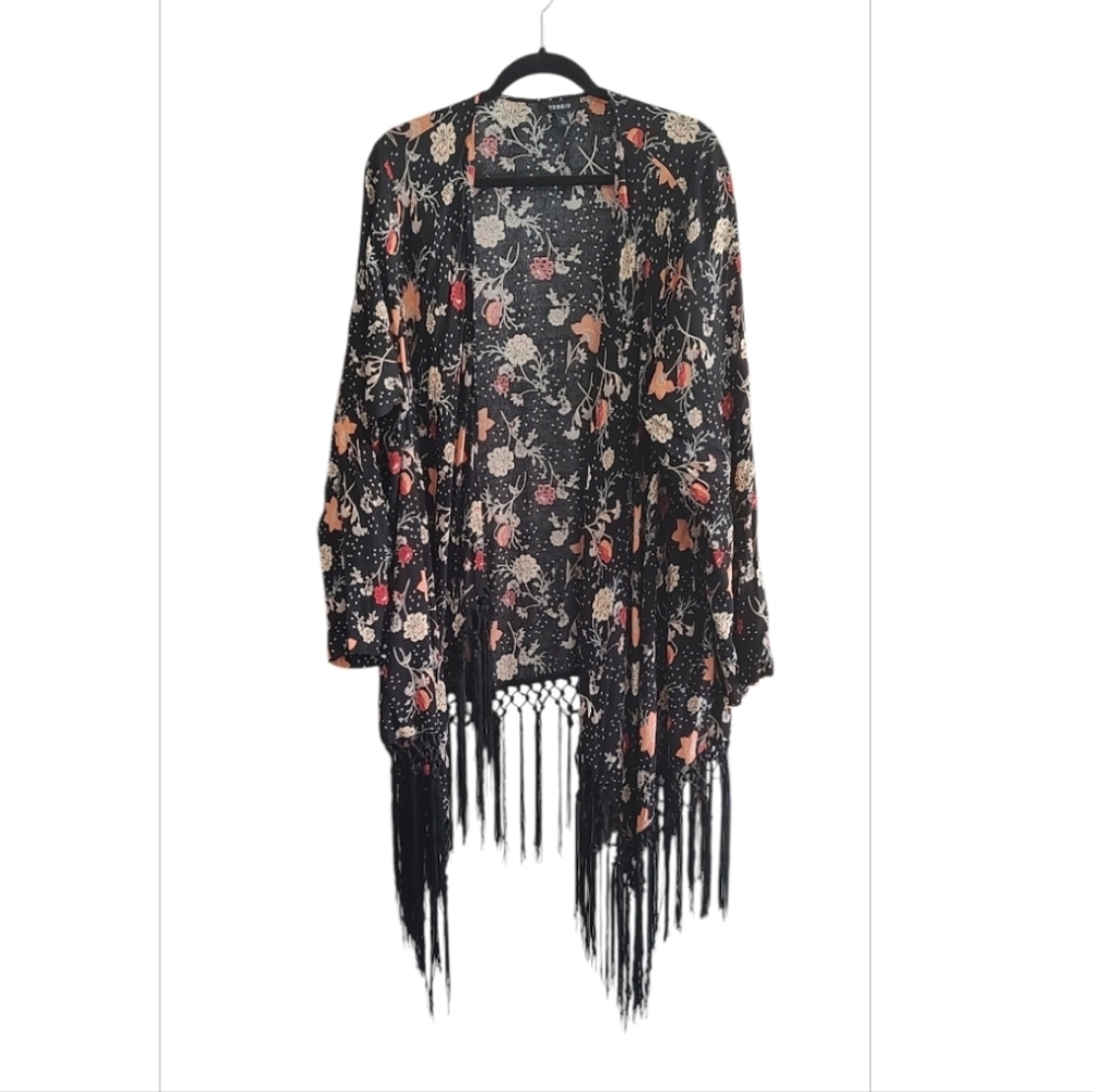 Torrid Multi Color Floral Fringe Open Front Long Sleeve Cardigan Size 3X